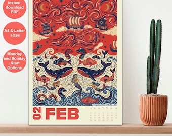 Calendario de pared mensual de arte popular nórdico y escandinavo 2026, reutilizable como póster/imprimible - Descarga instantánea
