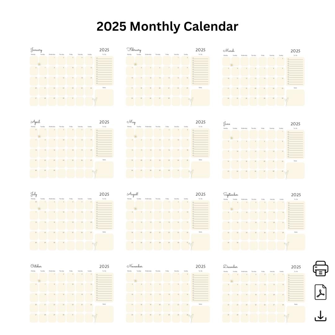 2025 Printable Monthly Calendar Etsy