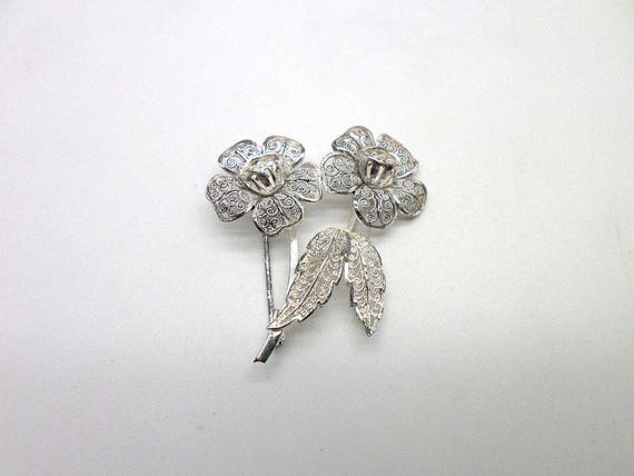 Sterling Silver Filigree Flowers Pin Brooch Vinta… - image 3