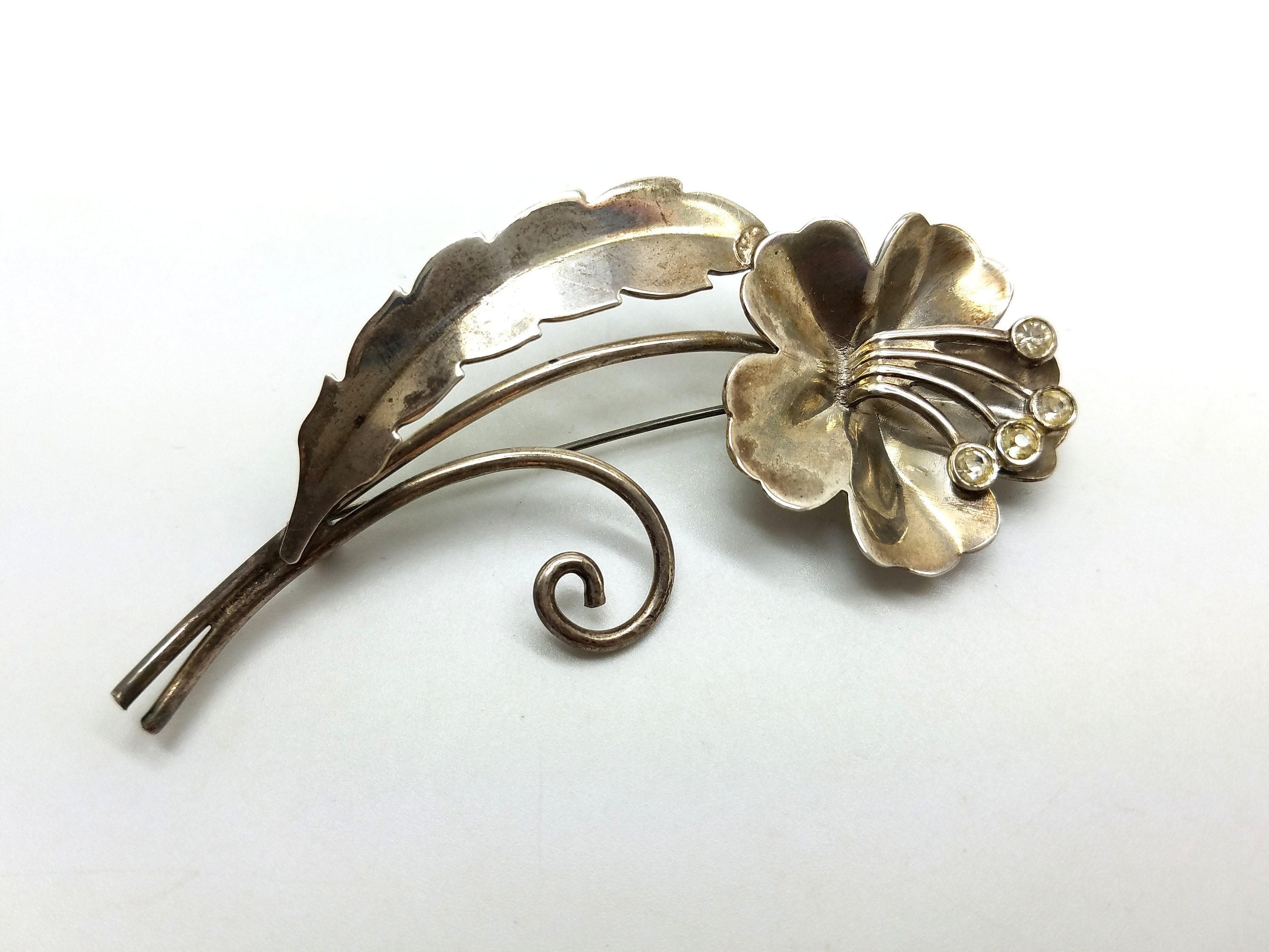 SALE Statement Sterling Silver Rhinestone Flower Floral Pin Brooch ...