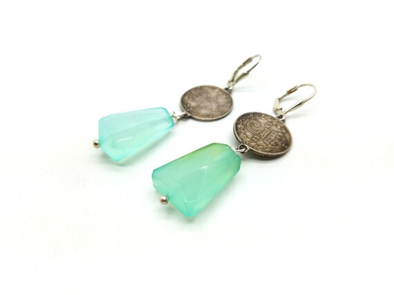 Antique Three Pence Coin and Chalcedony Drop Dang… - image 1