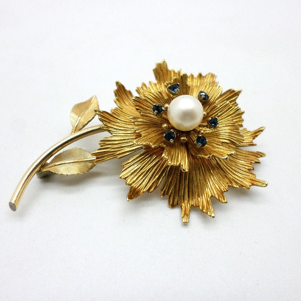 Vintage Krementz Faux Pearl Blue Rhinestone Gold Toned Metal Pin Brooch