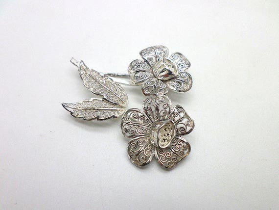 Sterling Silver Filigree Flowers Pin Brooch Vinta… - image 5