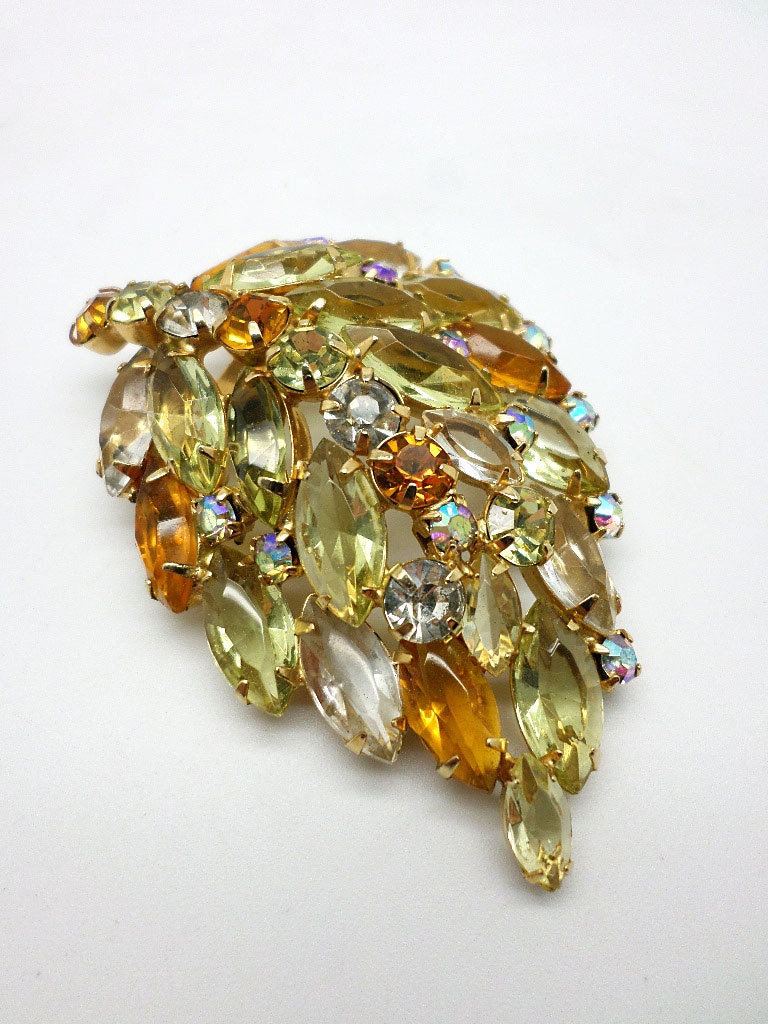 Vintage Costume Jewelry Yellow Orange Rhinestone Brooch Free Gift Wrap