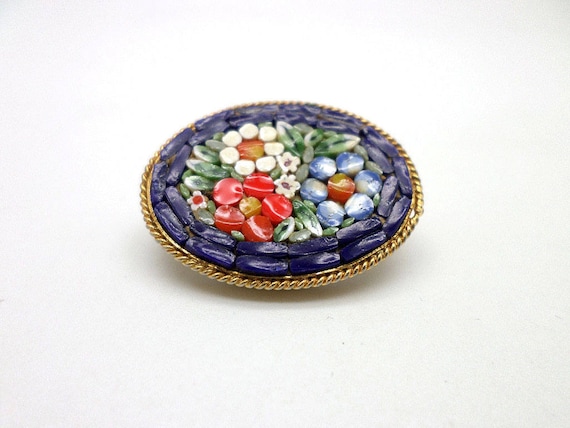 Vintage Micro Mosaic Pin Blues Reds Greens Gift Wrapped