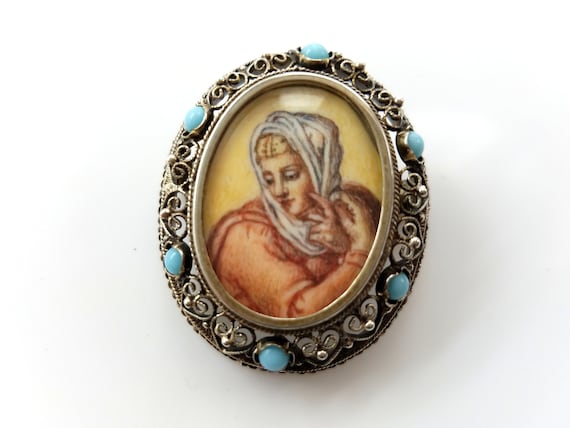 SALE Beautiful Vintage Portrait Pin Brooch or Pendant - 800 Silver - Filigree - Tiny Painting - Italian Renaissance - Free Gift Wrap