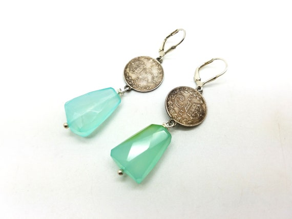 Antique Three Pence Coin and Chalcedony Drop Dang… - image 2