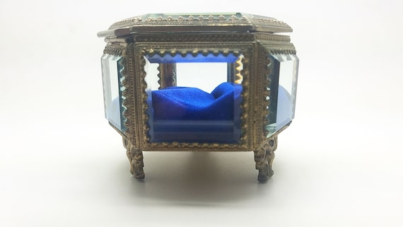 Antique Footed Jewelry Box - Casket - Faded Ormolu - Beveled Glass - Aged Brass - European - Old - Vanity Box - AS-IS - Free US Shipping