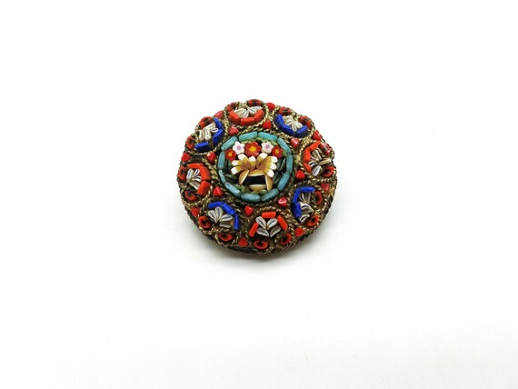 Small Round Micromosaic Brooch Pin Pretty Red Blue Vintage Italian Micro Mosaic