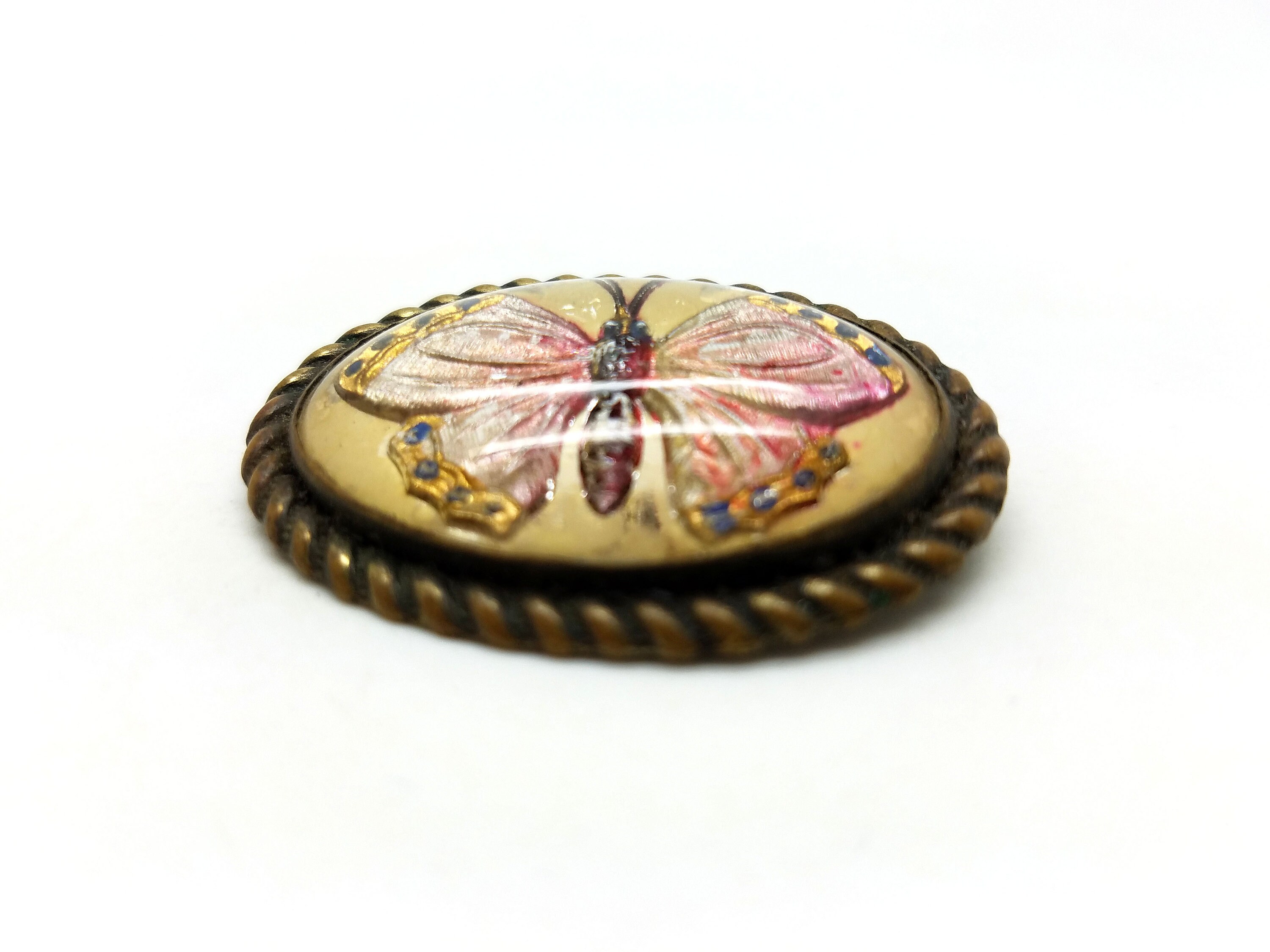 Vintage Antique Reverse Carved Hand Painted, Domed Goofus Glass Brooch Pin