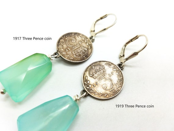 Antique Three Pence Coin and Chalcedony Drop Dang… - image 3