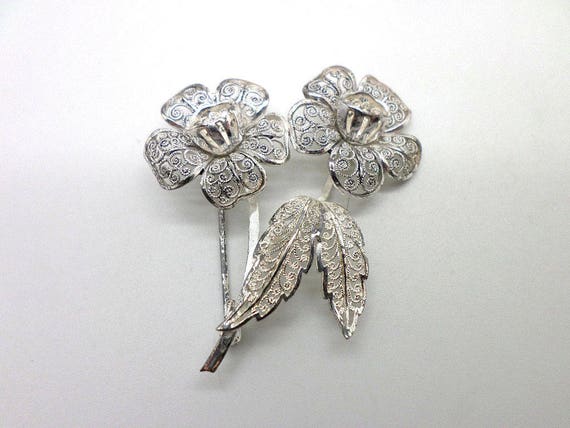 Sterling Silver Filigree Flowers Pin Brooch Vintage