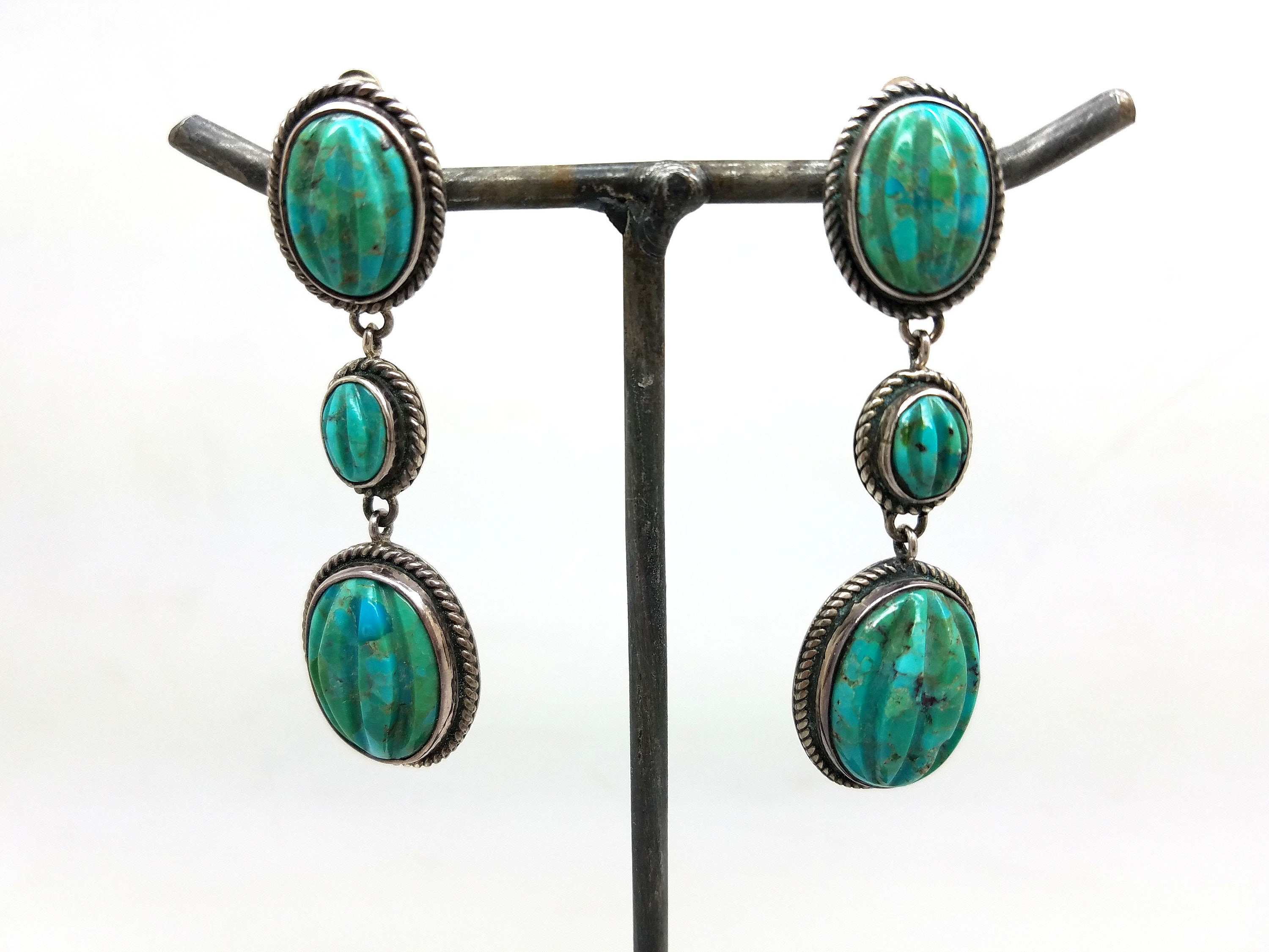 Beautiful Carved Turquoise Clip Earrings Long Dangle Sterling Silver