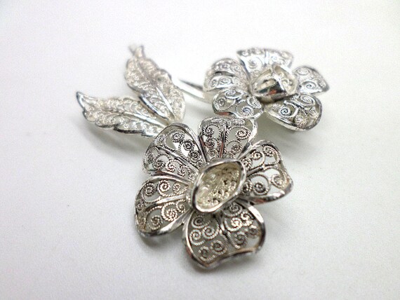 Sterling Silver Filigree Flowers Pin Brooch Vinta… - image 6