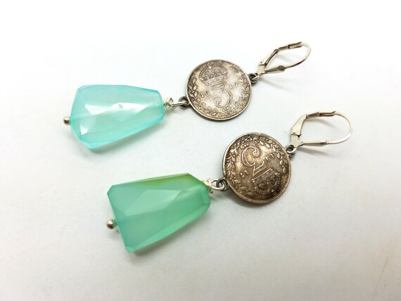 Antique Three Pence Coin and Chalcedony Drop Dang… - image 4