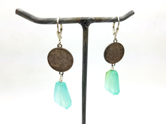 Antique Three Pence Coin and Chalcedony Drop Dang… - image 5