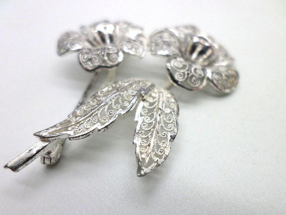 Sterling Silver Filigree Flowers Pin Brooch Vinta… - image 4
