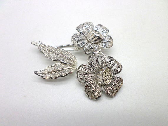 Sterling Silver Filigree Flowers Pin Brooch Vinta… - image 2