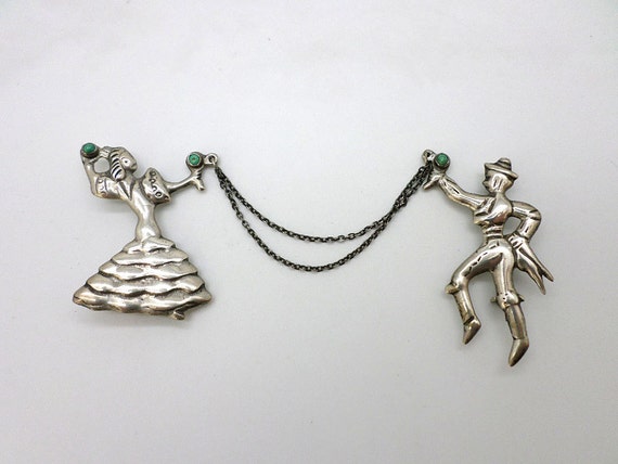 Vintage Mexican Sterling Silver Pin Brooch Dancing Male and Female Figures