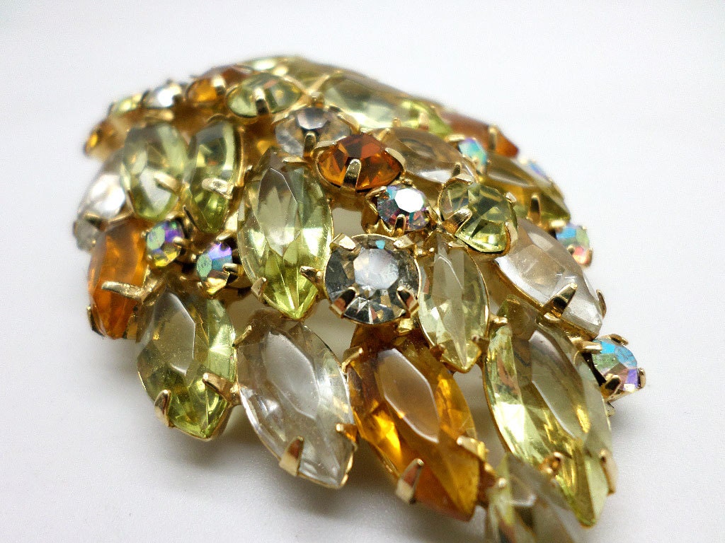 Vintage Costume Jewelry Yellow Orange Rhinestone Brooch Free Gift Wrap