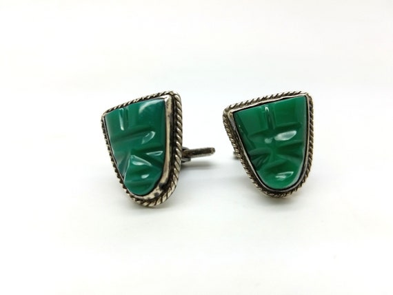 SALE Dyed Green Onyx and Sterling Silver 925 Mexican Mexico Cuff Links Cufflinks Marked JE