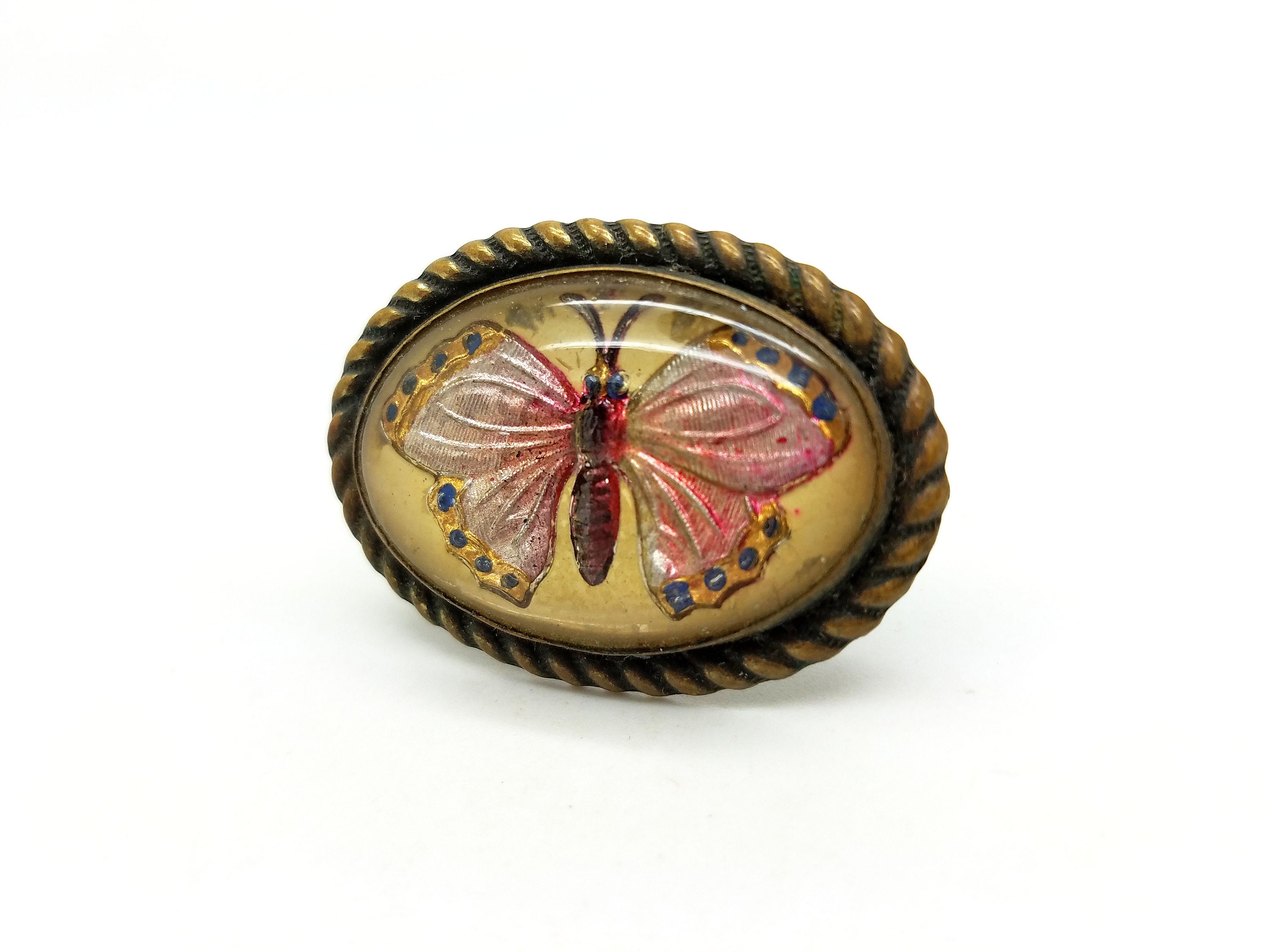 Vintage Antique Reverse Carved Hand Painted, Domed Goofus Glass Brooch Pin