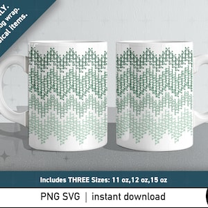 May include: Two white ceramic mugs with a green text design that reads "WHAT THE ACTUAL FUCK" in a repeating pattern. The mugs are available in three sizes: 11 oz, 12 oz, and 15 oz. The image also includes the text "DIGITAL ONLY. Printable mug wrap. No physical items."