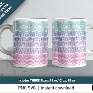 May include: Two white ceramic mugs with a colorful geometric pattern in shades of teal, blue, purple, and pink. The mugs have a repeating zigzag design. The image also includes the text "DIGITAL ONLY. Printable mug wrap. No physical items."