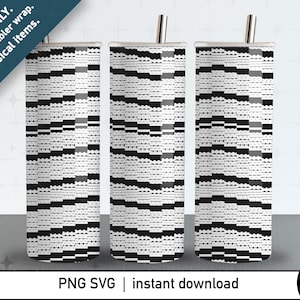 Könnte beinhalten: Drei Edelstahlbecher mit einem geometrischen Muster in Schwarz, Weiß und Grau. Das Design zeigt horizontale Linien und rechteckige Formen. Die Becher haben einen silbernen Strohhalm und sind mit "DIGITAL ONLY. Printable tumbler wrap. No physical items." beschriftet.
