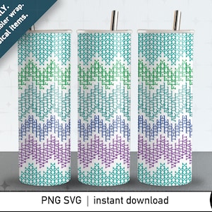 May include: Three stainless steel tumblers with a colorful cross-stitch design. The design features teal, green, blue, and purple geometric patterns with the words "WHAT THE ACTUAL FUCK" repeated vertically. The tumblers have a straw.