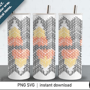 Puede incluir: Tres vasos blancos con un diseño de corazón de caramelo de maíz. El diseño presenta texto negro que dice "AWAY FROM MY CANDY" y formas de corazón naranja, amarillo y blanco. Cada vaso tiene una pajita plateada.