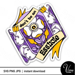 Rétro « Don't be a Asshole » inspiré des années 70, violet et or, impression et découpe/fichier à découper/autocollant imprimable. Téléchargement numérique (PNG, SVG, JPG)