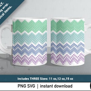 Peut inclure: Deux mugs en céramique blanche avec un motif en zigzag coloré en vert, bleu et violet. Les mugs ont une anse sur le côté droit. L'image comprend le texte "DIGITAL ONLY. Printable mug wrap. No physical items." et "Includes THREE Sizes: 312 ml, 340 ml, 425 ml."