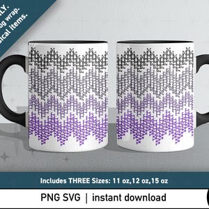 May include: White ceramic mug with a black handle and rim, featuring a repeating pattern of the words "WHAT THE ACTUAL FUCK" in black and purple. The mug is available in three sizes: 11, 12, and 15 ounces.