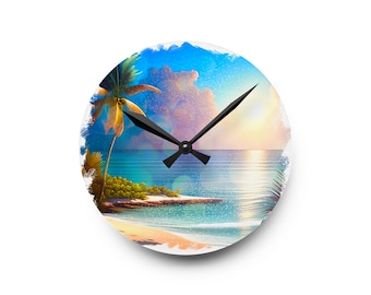 Tropical Beach Acrylic Wall Clock  Coastal Decor and Gift for Beach Lovers