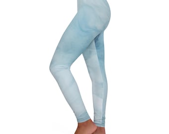 Soft Blue Watercolor Leggings, Women Yoga Pants, High Waisted Stretch Workout Leggings, Blue Athleisure Activewear