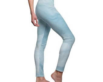 Light Blue Watercolor Marble Leggings, Women Yoga Pants, Soft Stretch Yoga Leggings, High Waist Athleisure Activewear
