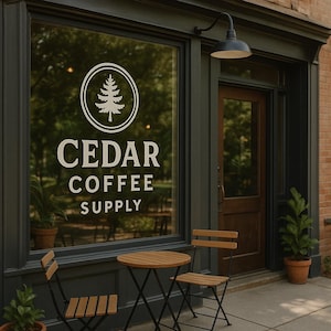 May include: Exterior view of a coffee shop with a large window displaying the text "CEDAR COFFEE SUPPLY" and a tree logo. A small round table and two chairs are set up outside. The building has a dark gray facade and a brick wall.