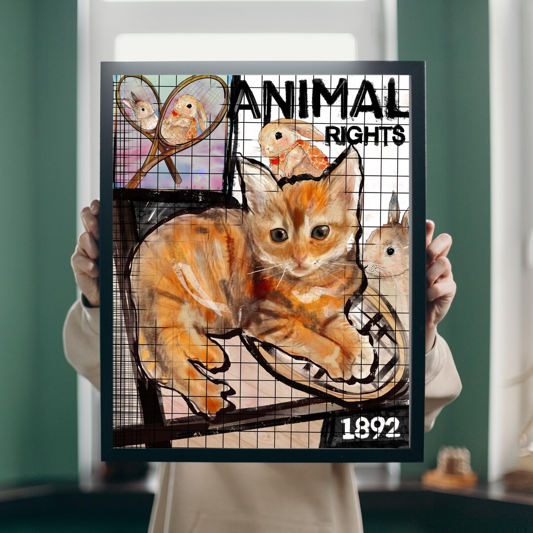 Animal Rights Digital Poster-cute Cat and Rabbit Illustration Wall Art ...