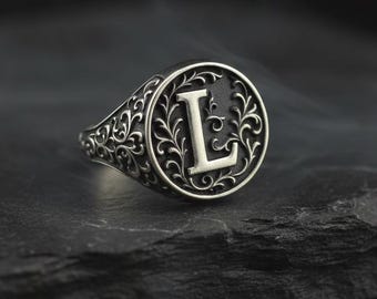 Anillo con monograma de la letra L, plata de ley/oro, adorno vintage grabado, joyería personalizada, regalo.