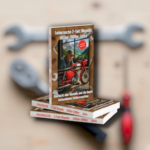 Puede incluir: Tres libros apilados. El libro superior presenta una motocicleta roja y un hombre trabajando en ella. El título del libro es "Fehlersuche 2-Takt Mopeds 1950er-1980er Jahre". El fondo incluye herramientas.