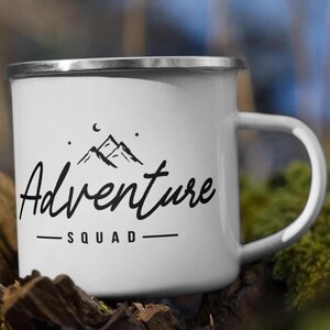 Camping Mug: "Adventure Squad", Camping Enamel Camp Mug, Camper Van Gift, Van Life Gift, Accessories Camping, Retro Caravan, Enamel Mugs