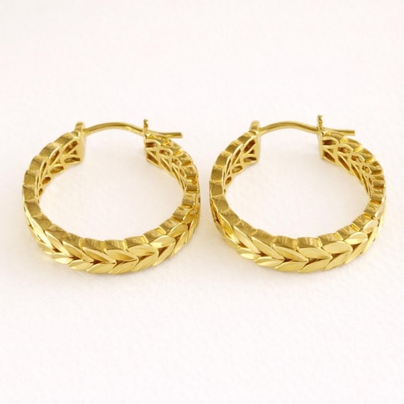 編み込みリーフフープピアス 10金、14金、18金、銀 - Etsy 日本