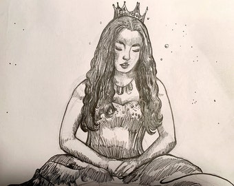 May include: A black and white pencil drawing of a woman wearing a crown and a gown. She is sitting with her hands in her lap and her eyes closed. The background is a light gray.