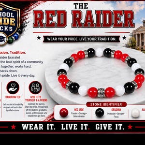 May include: A beaded bracelet featuring alternating red, black, and white natural stone beads accented with silver-toned metal spacers. The bracelet is arranged in a circular pattern, showcasing a repeating sequence of colored spheres and decorative metal rings.