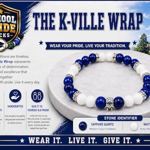 May include: A beaded bracelet featuring alternating dark blue sapphire quartz and white jade beads, accented with silver-toned metal spacers. The bracelet is displayed on a circular white stone surface, accompanied by text describing it as The K-Ville Wrap.