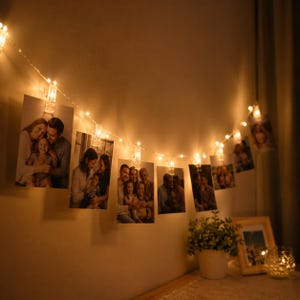 Guirnalda de luces con clip para fotos - Se conecta a la corriente eléctrica y se guarda en la galería.