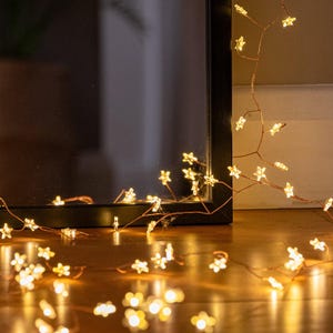 May include: A string of copper wire fairy lights with star-shaped bulbs. The lights are strung around a mirror and are casting a warm glow.