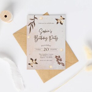 Modèle d'invitation modifiable de style bohème, invitation à une fête classique, invitation d'anniversaire minimaliste, carte de célébration intemporelle, design élégant
