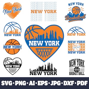 以下が含まれることがあります： バスケットボール、都市のスカイライン、そして「New York」の文字を特徴とする、ニューヨークをテーマにしたデザインのコレクション。デザインには、ハートの形、バスケットボールのゴール、オレンジ、青、黒の文字配置が含まれています。